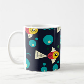 Taza De Café Pescado colorido con olas en el mar. Geometría par