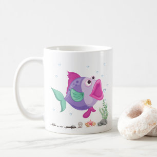 Taza De Café Pescado con burbujas de boca abierta y flora subma