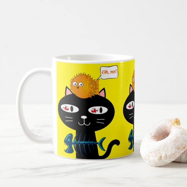 Taza De Café Pescado de gato negro Mugre amarillo (Con donut)