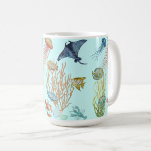 Taza De Café Pescado De Jellyfish Y Océano Subacuáticos