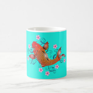 Taza De Café Pescado de Koi naranja floral oriental turquesa