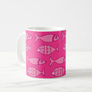 Taza De Café Pescado retro moderno, fucsia y rosa claro