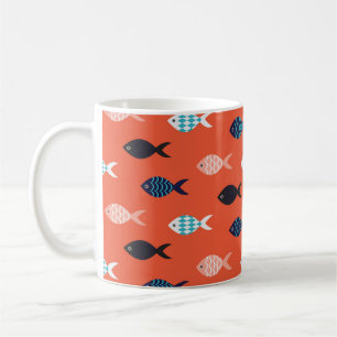 Taza De Café Pescado vintage, patrón de coral rojo.