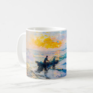 Taza De Café Pescadores al Atardecer Escena Costera Impresionis