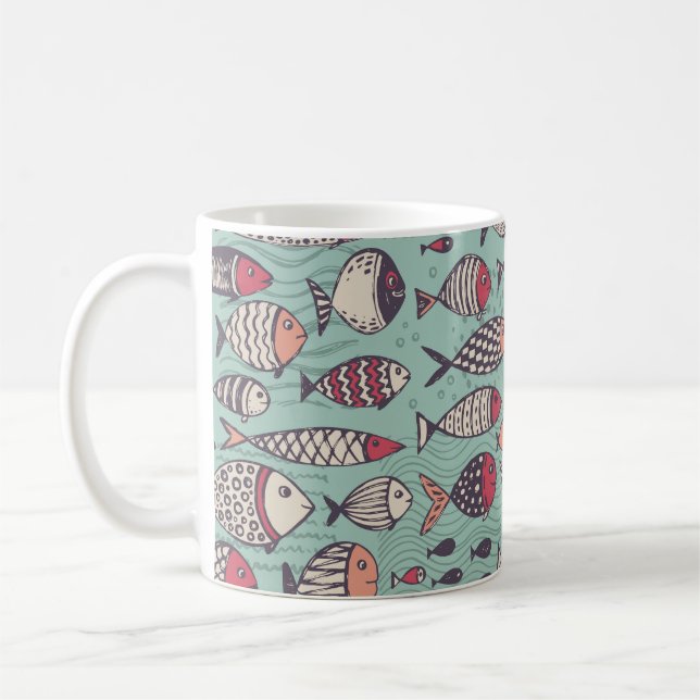 Taza De Café Pescados divertidos: patrón sin costuras dibujado  (Izquierda)