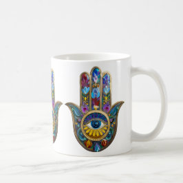 Taza De Café Pétalos Coloridos Hojas Hamsa Zafiro Tercer Ojo