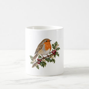 Taza De Café Petirrojo de invierno en acebo nevado y bayas de b