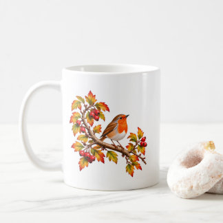 Taza De Café Petirrojo Diseño Botánico Otoñal de Pájaro