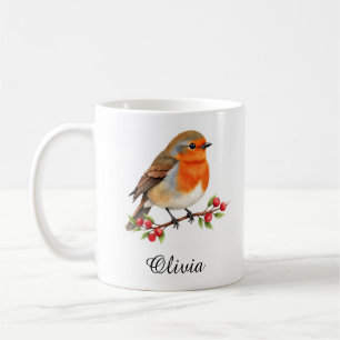 Taza De Café Petirrojo Vibrante en Rama de Acebo Personalizado 