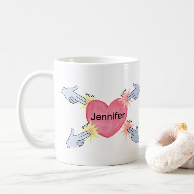 Taza De Café Pew pew pistola Nombre personalizado Cuto te amo r (Con donut)