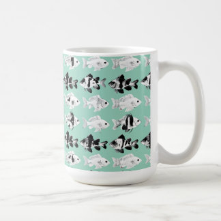 Taza De Café Pez negro y blanco sobre fondo azul verde
