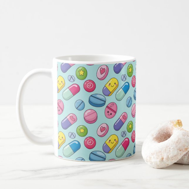Taza De Café Pharmacy Happy Pills Kawaii Smileys (Con donut)
