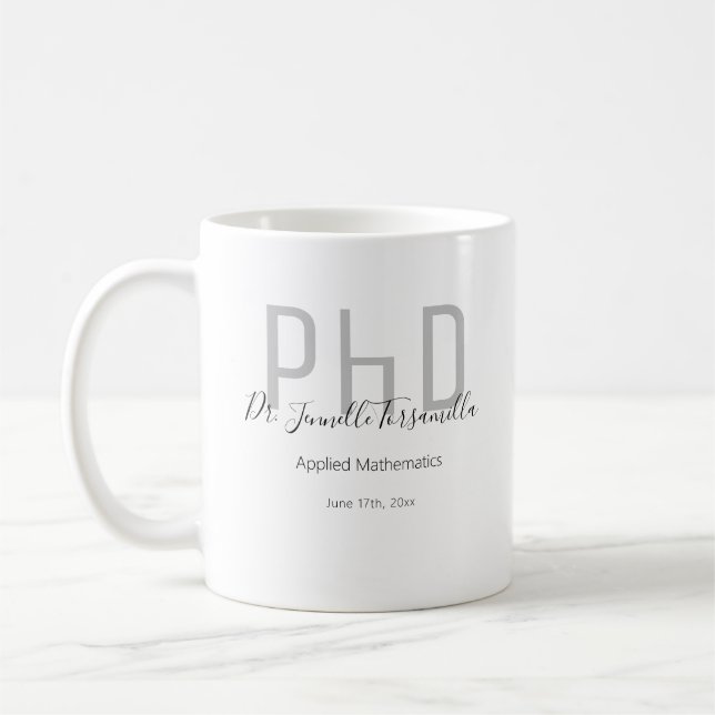 Taza De Café PhD de nombre negro gris graduado (Izquierda)