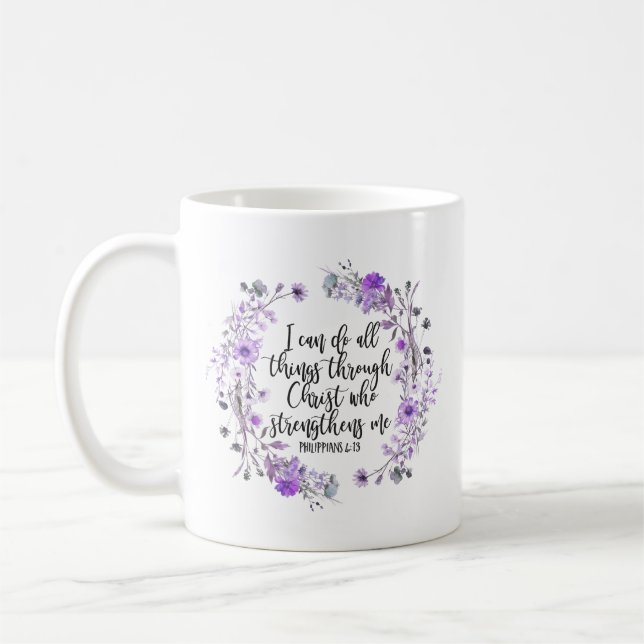 Taza De Café Philippians 4:13 Biblia Scripture Lavanda Púrpura (Izquierda)