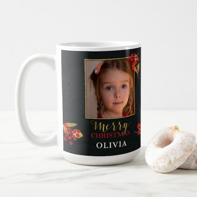 Taza De Café Photo Customizable Christmas Card, Black Gold Red (Con donut)