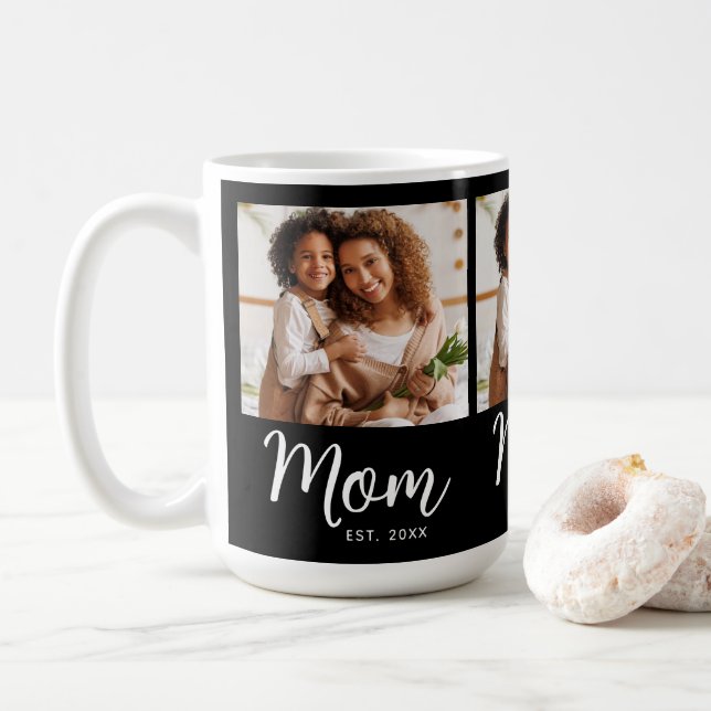 Taza De Café Photo Mom Established Date Black White Script Gift (Con donut)