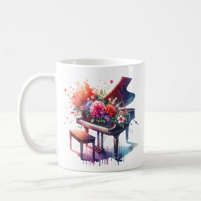 Taza De Café Piano acuarela y flores personalizadas (Izquierda)
