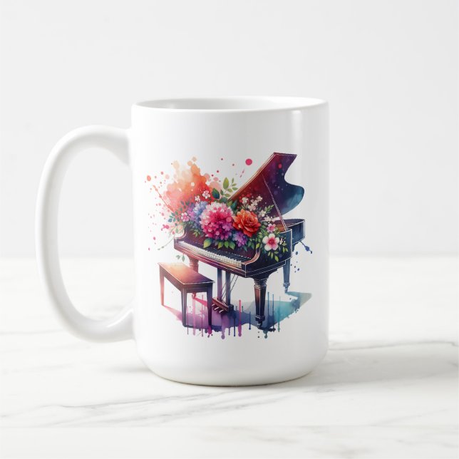 Taza De Café Piano acuarela y flores personalizadas (Izquierda)