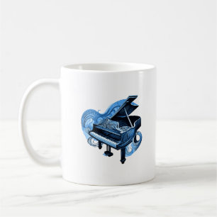 Taza De Café Piano azul de arte de línea estilizada