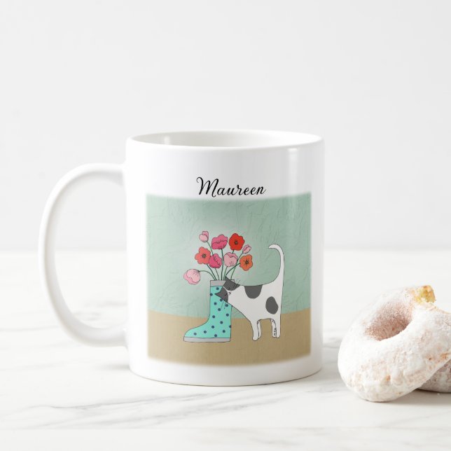 Taza De Café Pie de Tuxedo con Flores Cute Cat Lover Nombre per (Con donut)