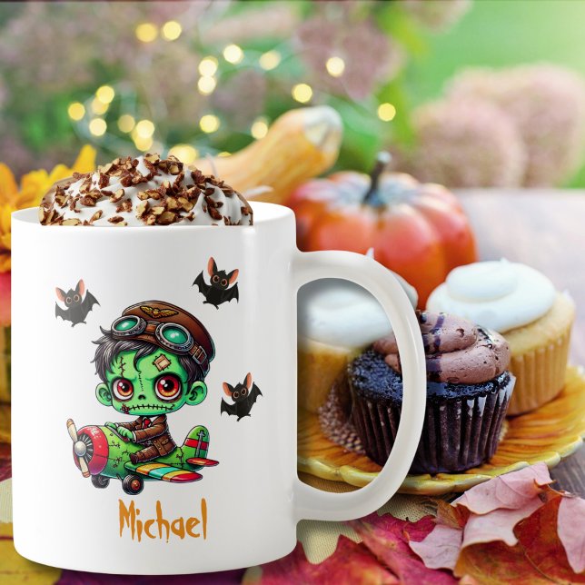 Taza De Café Piloto Zombie volar avión y Bat Funny Halloween (Personalized design on left and right side.)