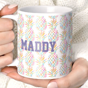 Taza De Café Piña Acuarela Arcoíris Monograma Tropical