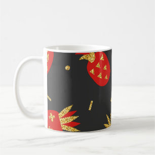Taza De Café Piña roja, purpurina, fondo negro.