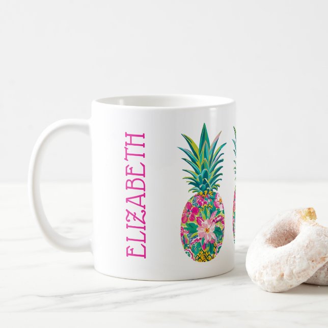 Taza De Café Piña tropical rosa y verde floral (Con donut)