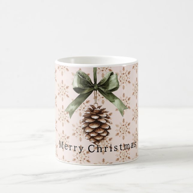 Taza De Café Pine Cone Green Bow Christmas Cream Snowflakes (Centro)
