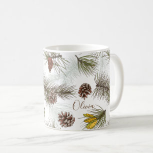 Taza De Café Pine Cones y Evergreen TU NOMBRE