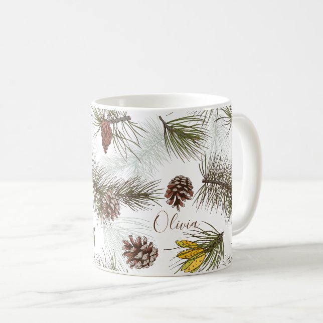 Taza De Café Pine Cones y Evergreen TU NOMBRE (Anverso derecho)