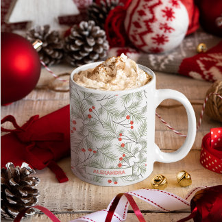 Taza De Café Pine Sprigs and Berries Custom Name Christmas