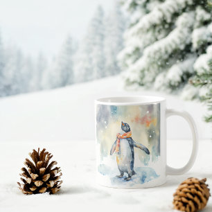 Taza De Café Pingüino acuarela de invierno con vibraciones