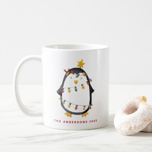 Taza De Café Pingüino acuarela y vacaciones de Navidades (Con donut)