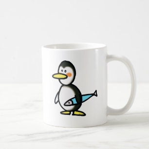 Taza De Café Pingüino Adorable Sosteniendo un Pez Azul