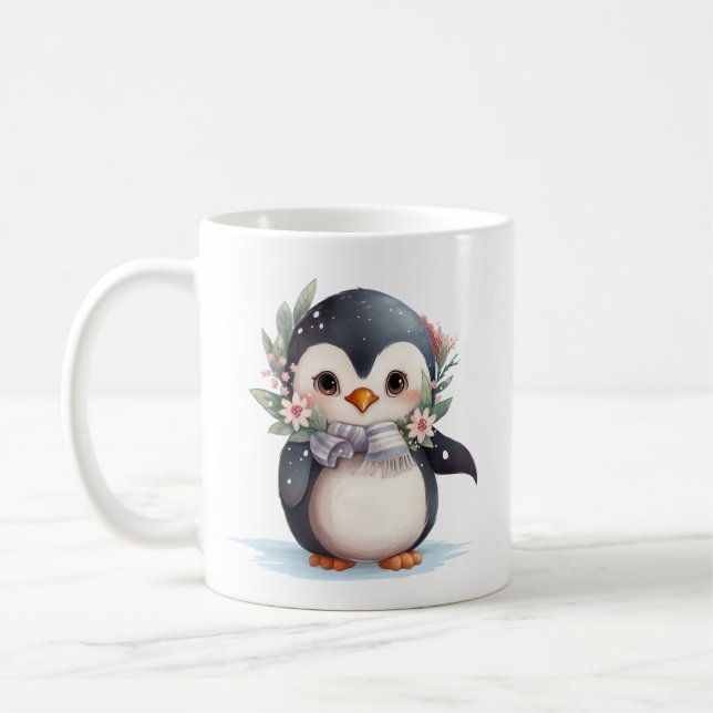 Taza De Café Pingüino con bufanda y holly (Izquierda)