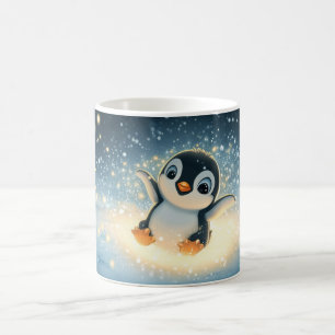 Taza De Café pingüino de dibujos animados en un paisaje nevado,