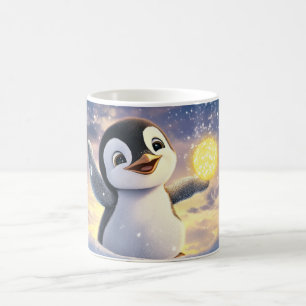 Taza De Café pingüino de dibujos animados en un paisaje nevado,