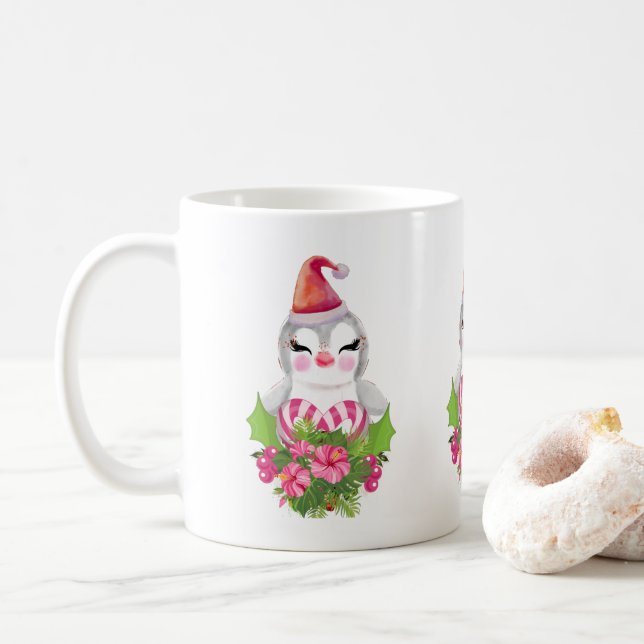 Taza De Café Pingüino de Navidades burdos en Santa Hat (Con donut)