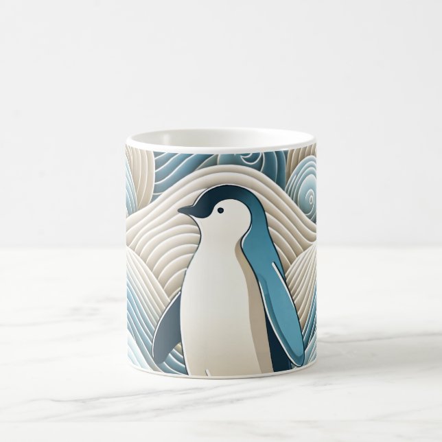 Taza De Café Pingüino En Ondas Abstractas De Crema Azul (Centro)