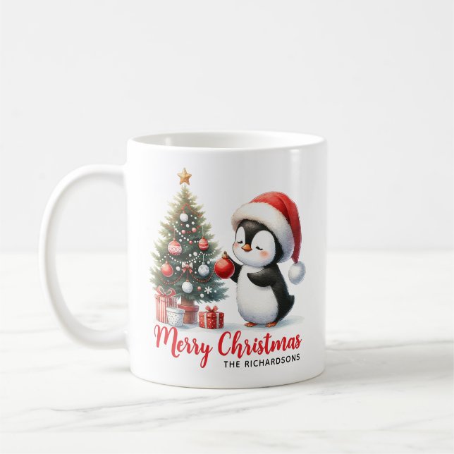 Taza De Café Pingüino moderno blanco y rojo divertido Feliz Nav (Izquierda)