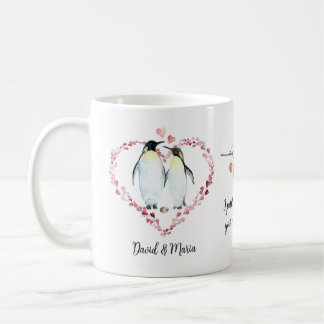 Taza De Café Pingüino Pareja Amor Corazones Wreath