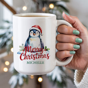 Taza De Café Pingüino personalizado en Navidades de Santa Hat
