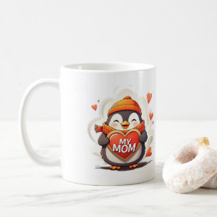 Taza De Café Pingüino sonriente sosteniendo el cartel cardíaco