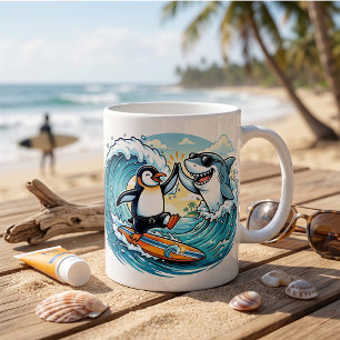 Taza De Café Pingüino Surfista y Tiburón Dando un Alto Cinco