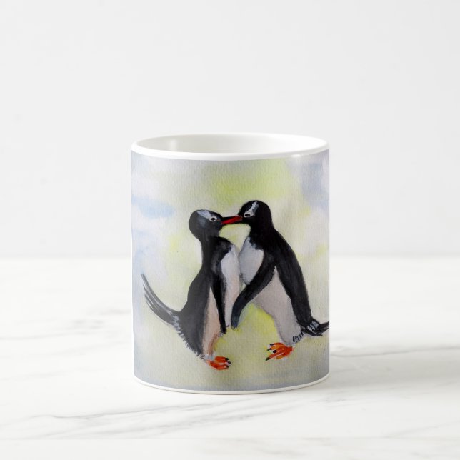 Taza De Café Pingüinos Besan Acuarela Dibujo Mug (Centro)