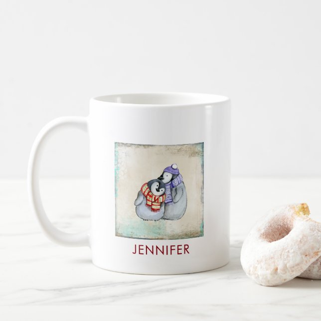 Taza De Café Pingüinos cortos en escarbas de invierno y Persona (Con donut)