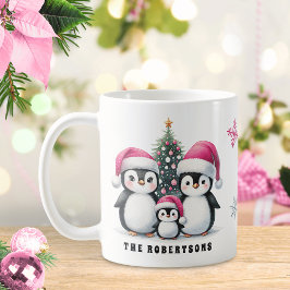 Taza De Café Pingüinos divertidos Nombre familiar Navidades ros