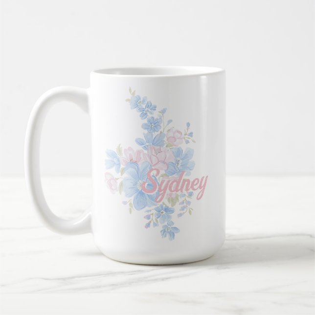 Taza De Café Pink and Blue Floral Grandmillennial | Name (Izquierda)