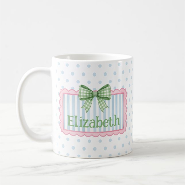 Taza De Café Pink and Blue Frame With Green Gingham Bow (Izquierda)